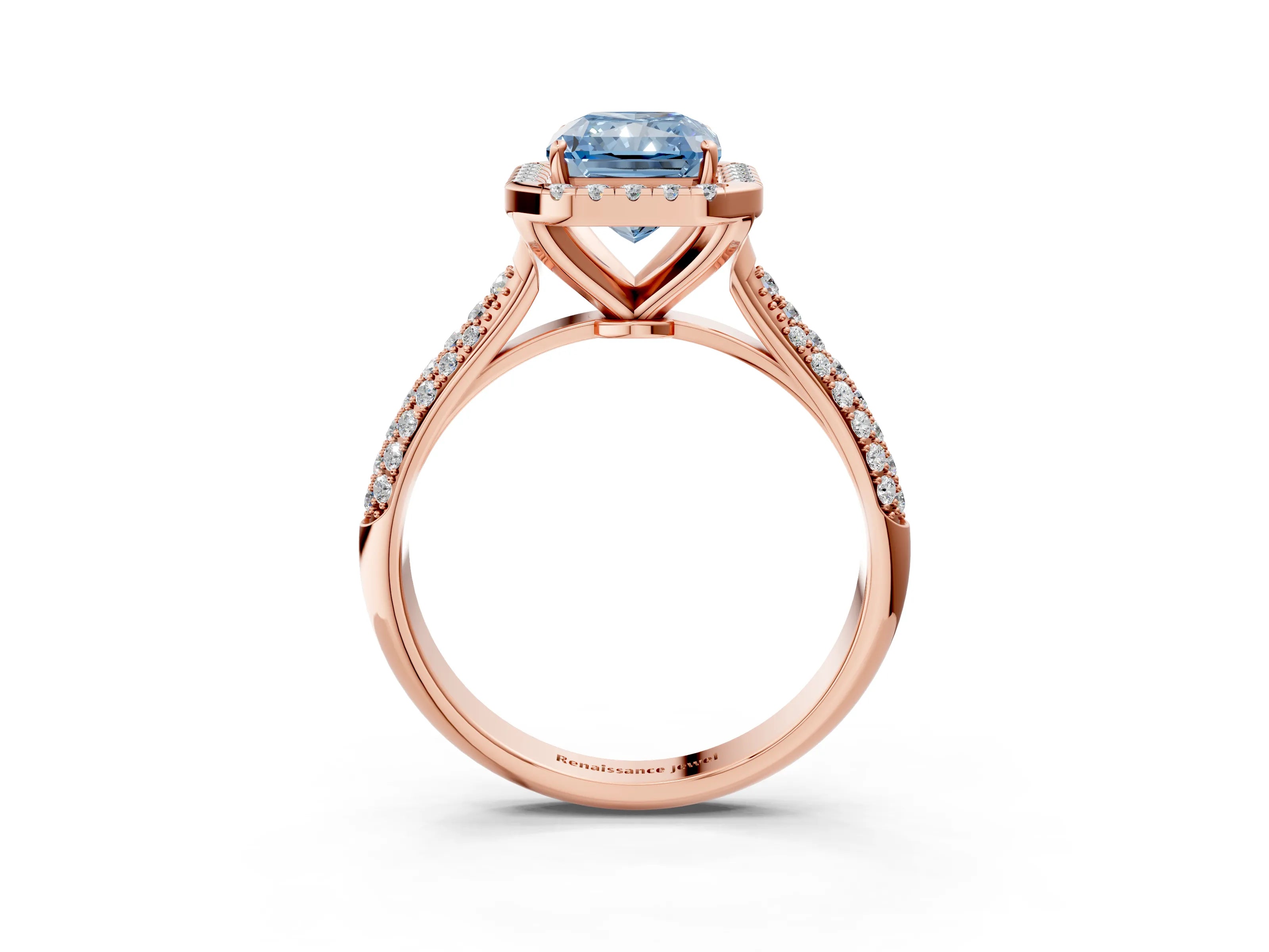 Rose gold Fancy Blue Radiant Cut Halo Diamond Ring with Pavé Band_3