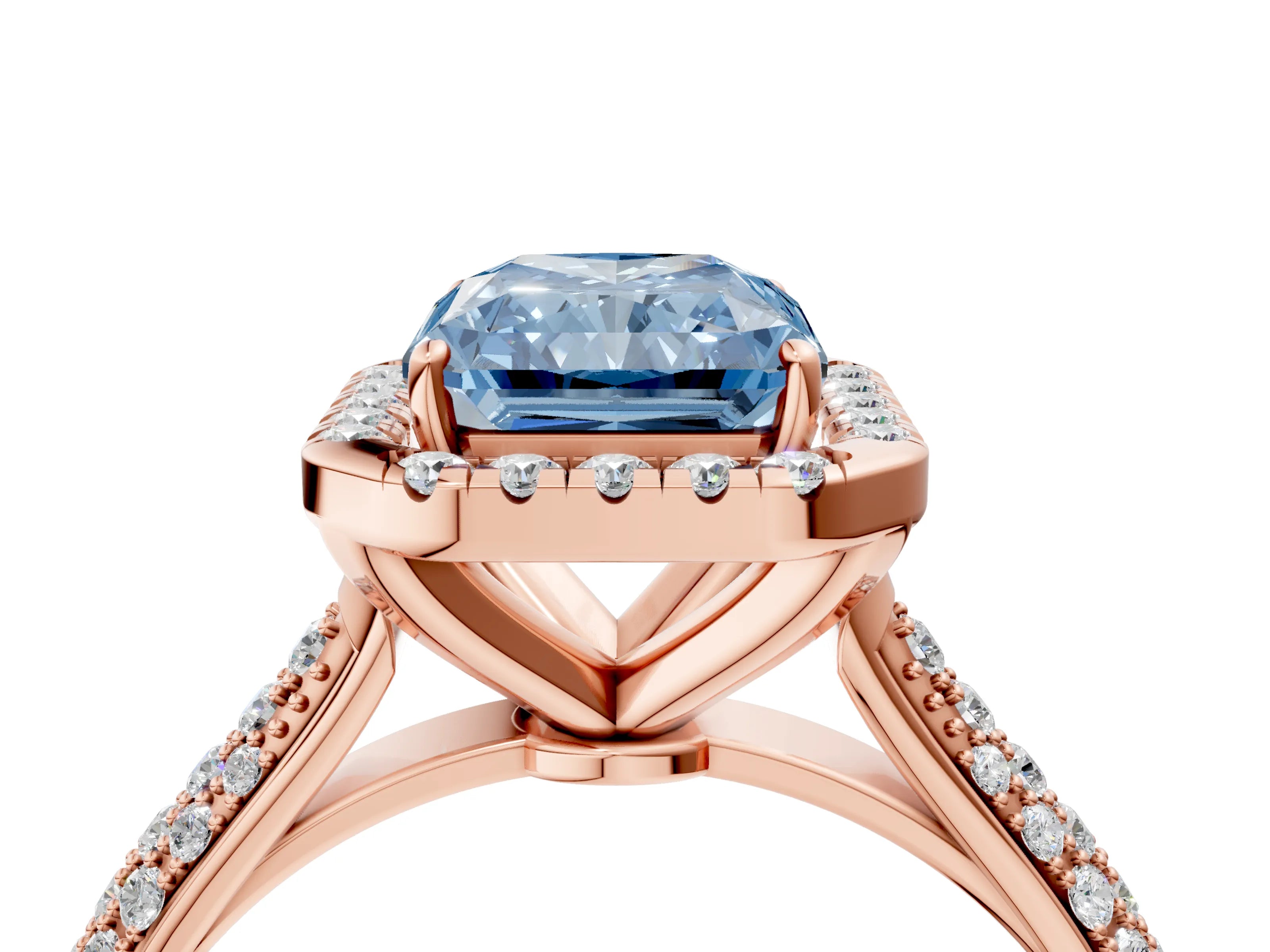 Rose gold Fancy Blue Radiant Cut Halo Diamond Ring with Pavé Band_4