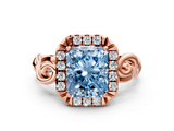 Rose gold Fancy Blue Radiant  Cut Halo Diamond Ring with Scrollwork Band and Four-Prong Setting_56