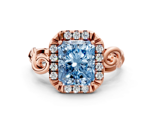 Rose gold Fancy Blue Radiant  Cut Halo Diamond Ring with Scrollwork Band and Four-Prong Setting