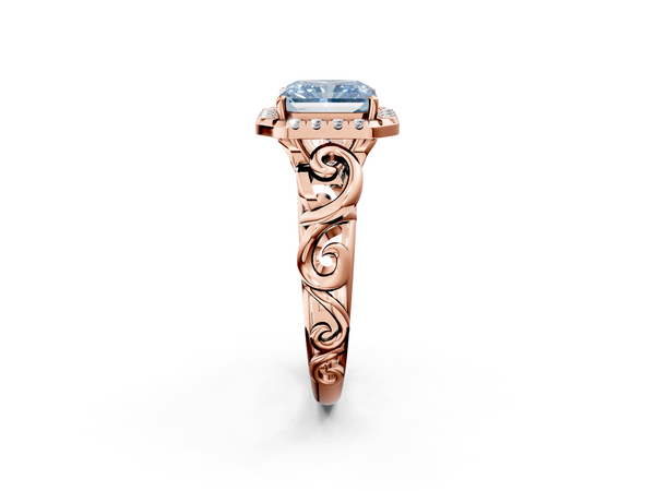 Rose gold Fancy Blue Radiant  Cut Halo Diamond Ring with Scrollwork Band and Four-Prong Setting
