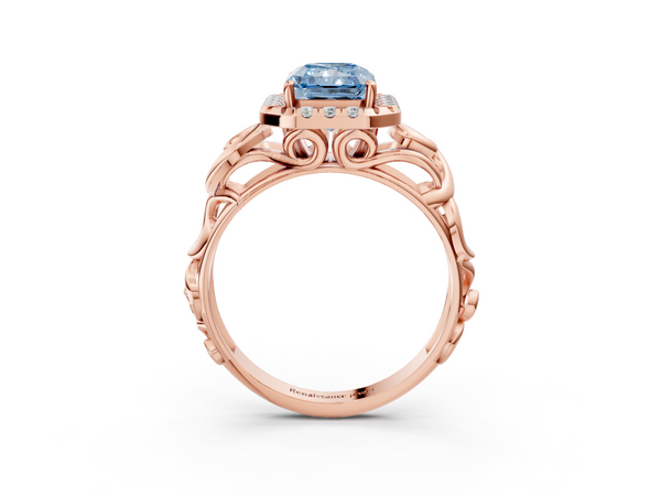 Rose gold Fancy Blue Radiant  Cut Halo Diamond Ring with Scrollwork Band and Four-Prong Setting