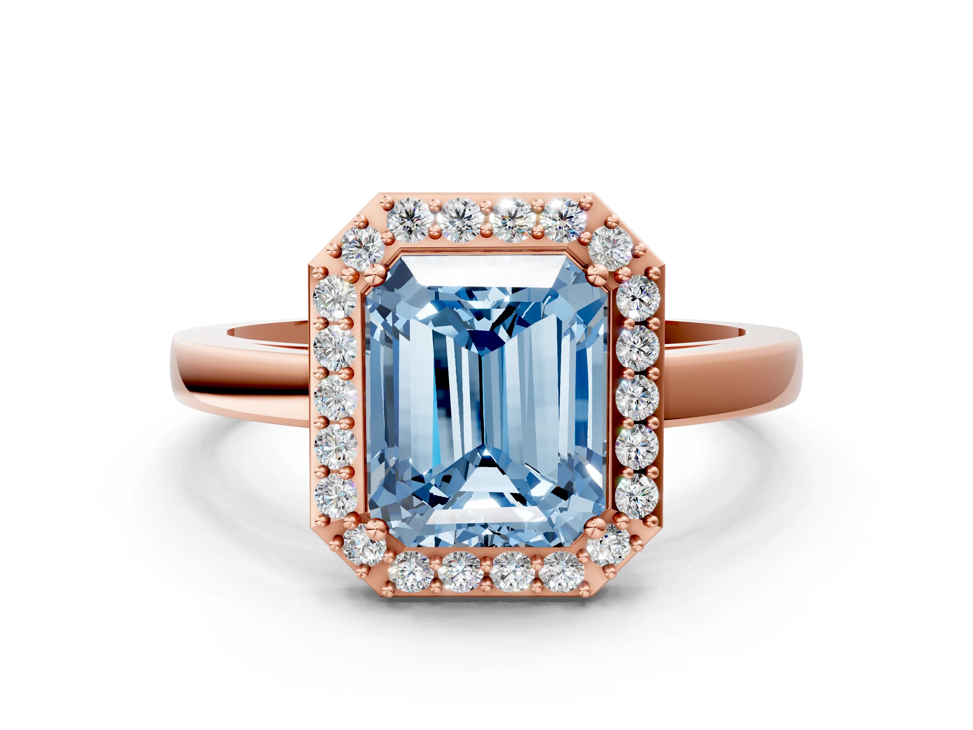 Rose gold Fancy Blue Radiant Cut Halo Diamond Ring with Solitaire Band and Prong Setting
