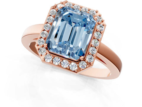 Rose gold Fancy Blue Radiant Cut Halo Diamond Ring with Solitaire Band and Prong Setting_1