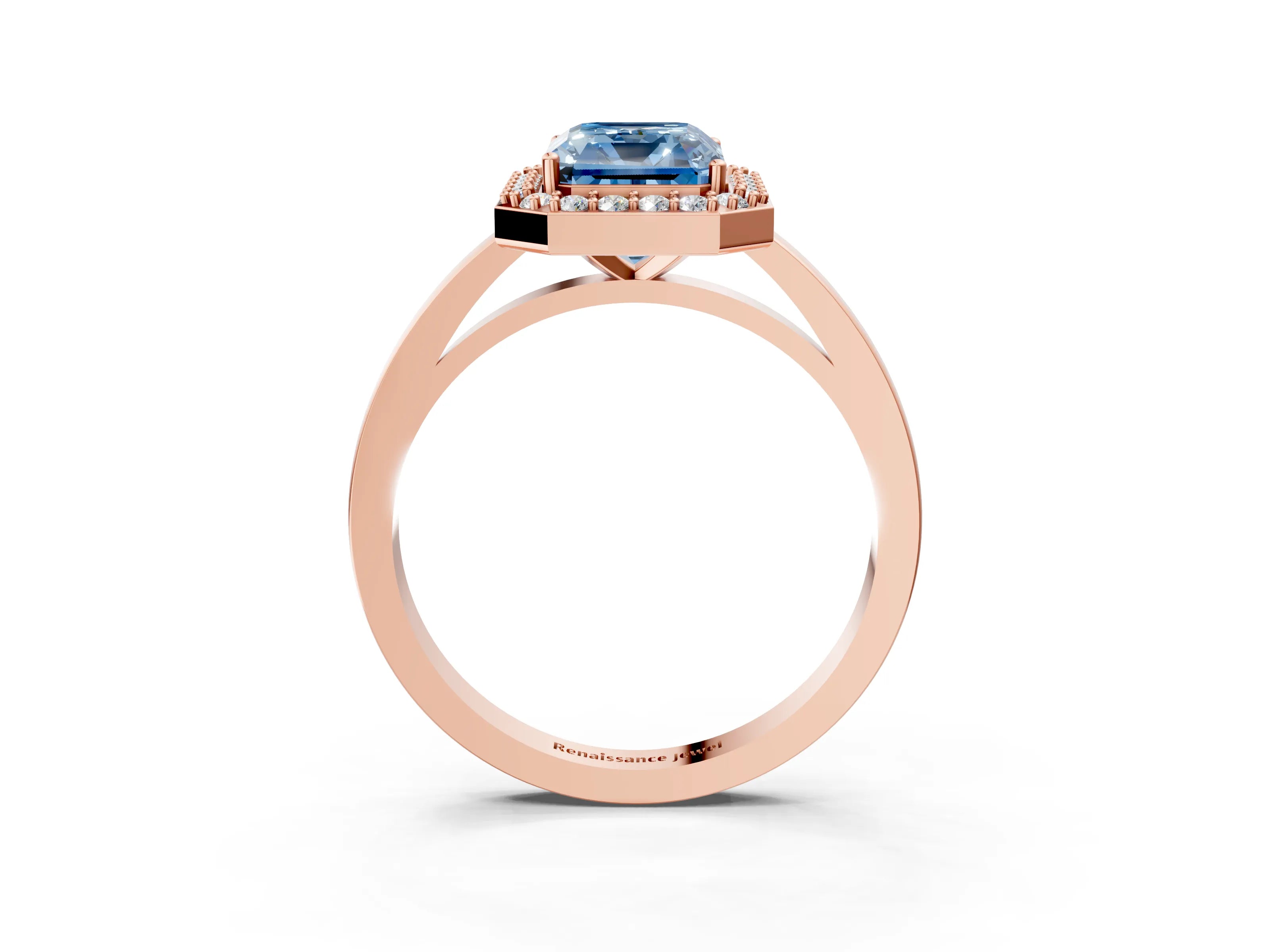 Rose gold Fancy Blue Radiant Cut Halo Diamond Ring with Solitaire Band and Prong Setting_3