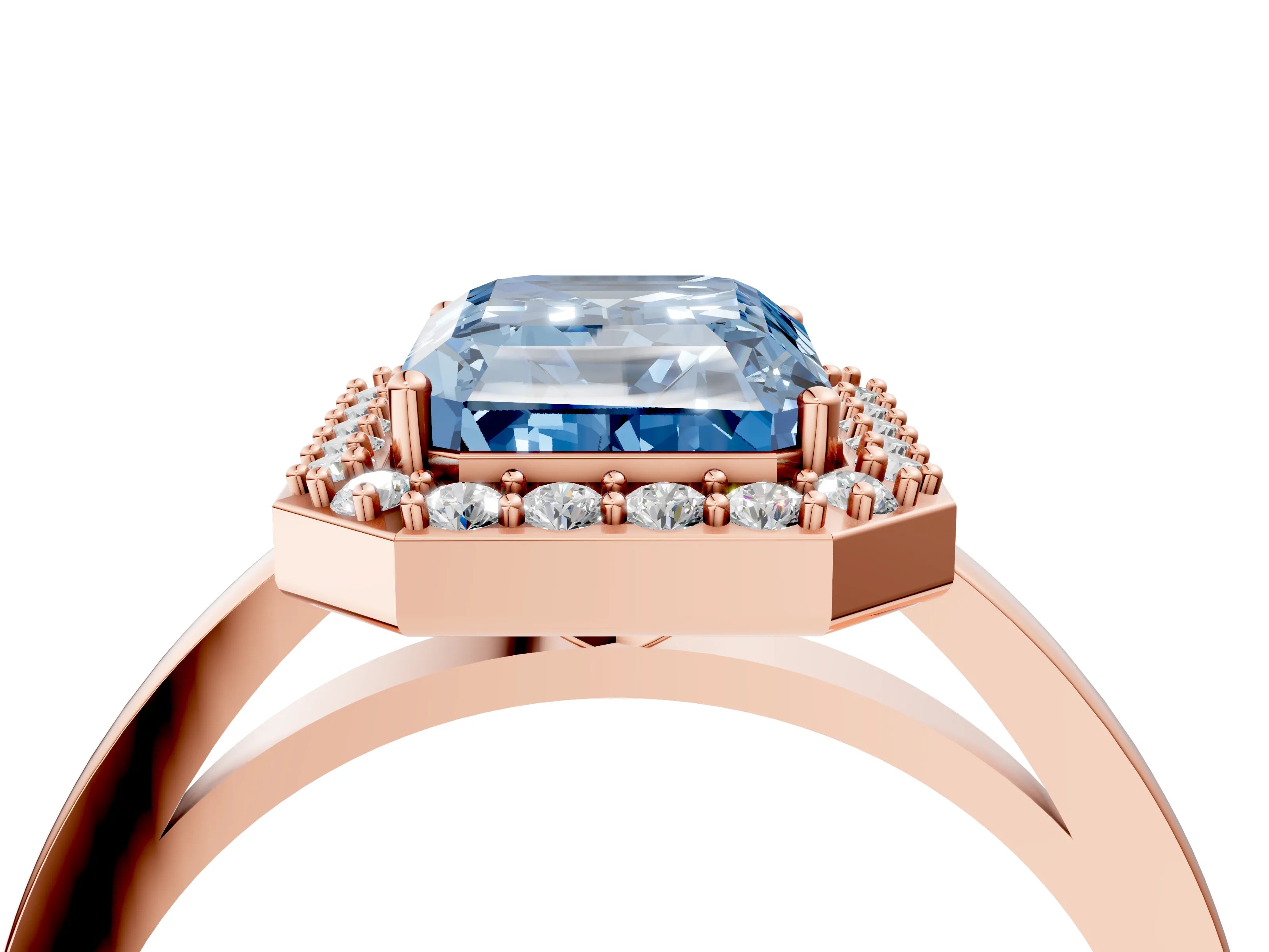 Rose gold Fancy Blue Radiant Cut Halo Diamond Ring with Solitaire Band and Prong Setting_4