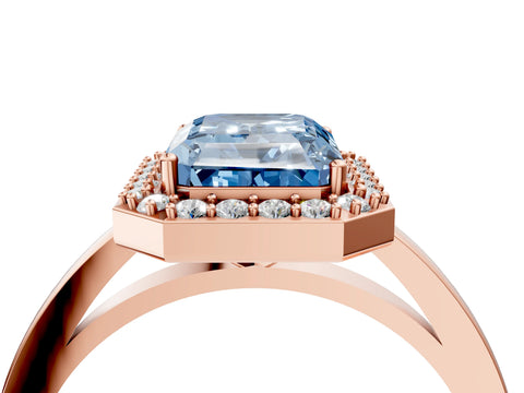 Rose gold Fancy Blue Radiant Cut Halo Diamond Ring with Solitaire Band and Prong Setting_4