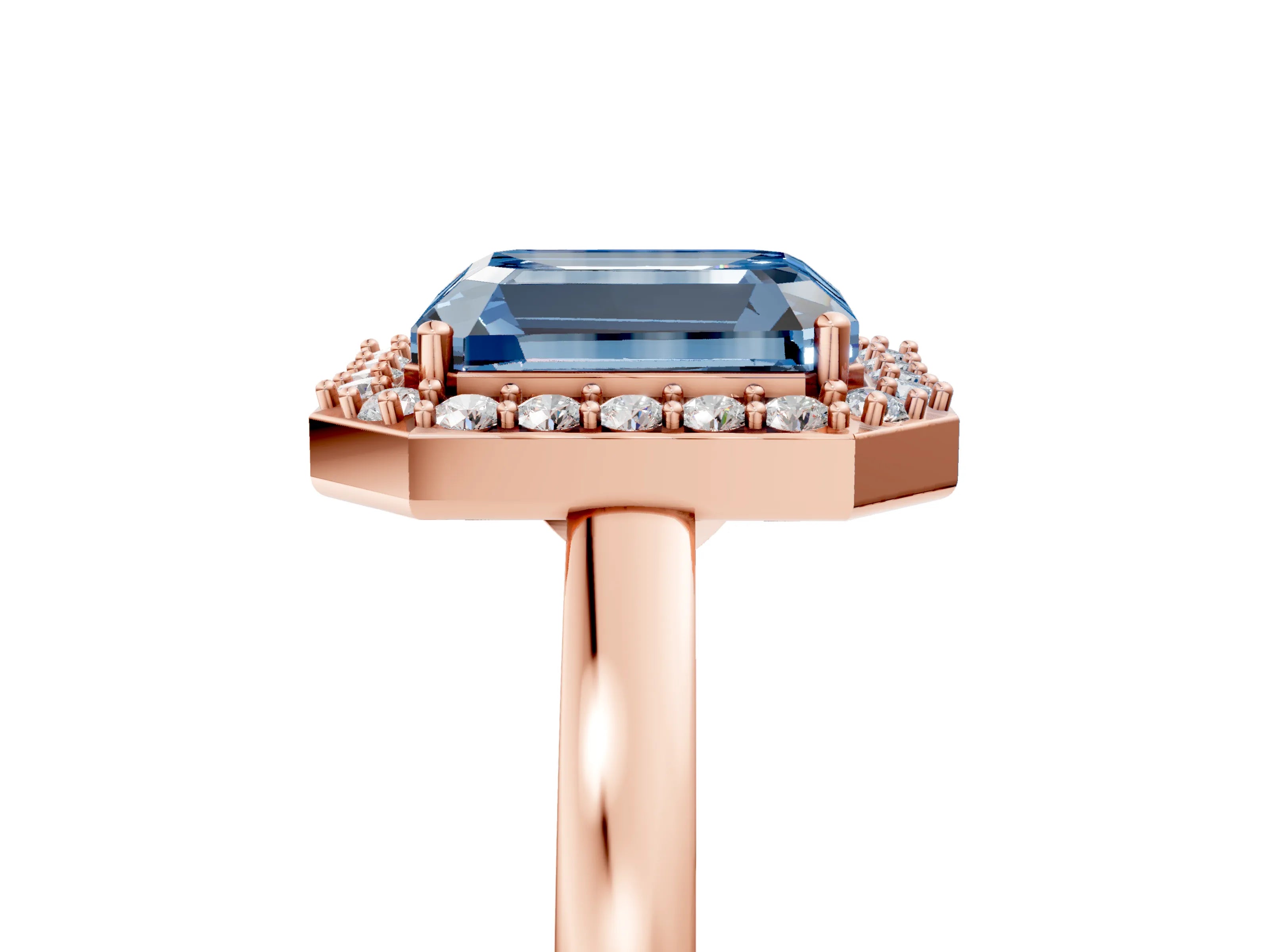 Rose gold Fancy Blue Radiant Cut Halo Diamond Ring with Solitaire Band and Prong Setting_5