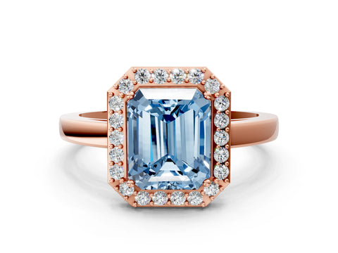 Rose gold Fancy Blue Radiant Cut Halo Diamond Ring with Solitaire Band and Prong Setting