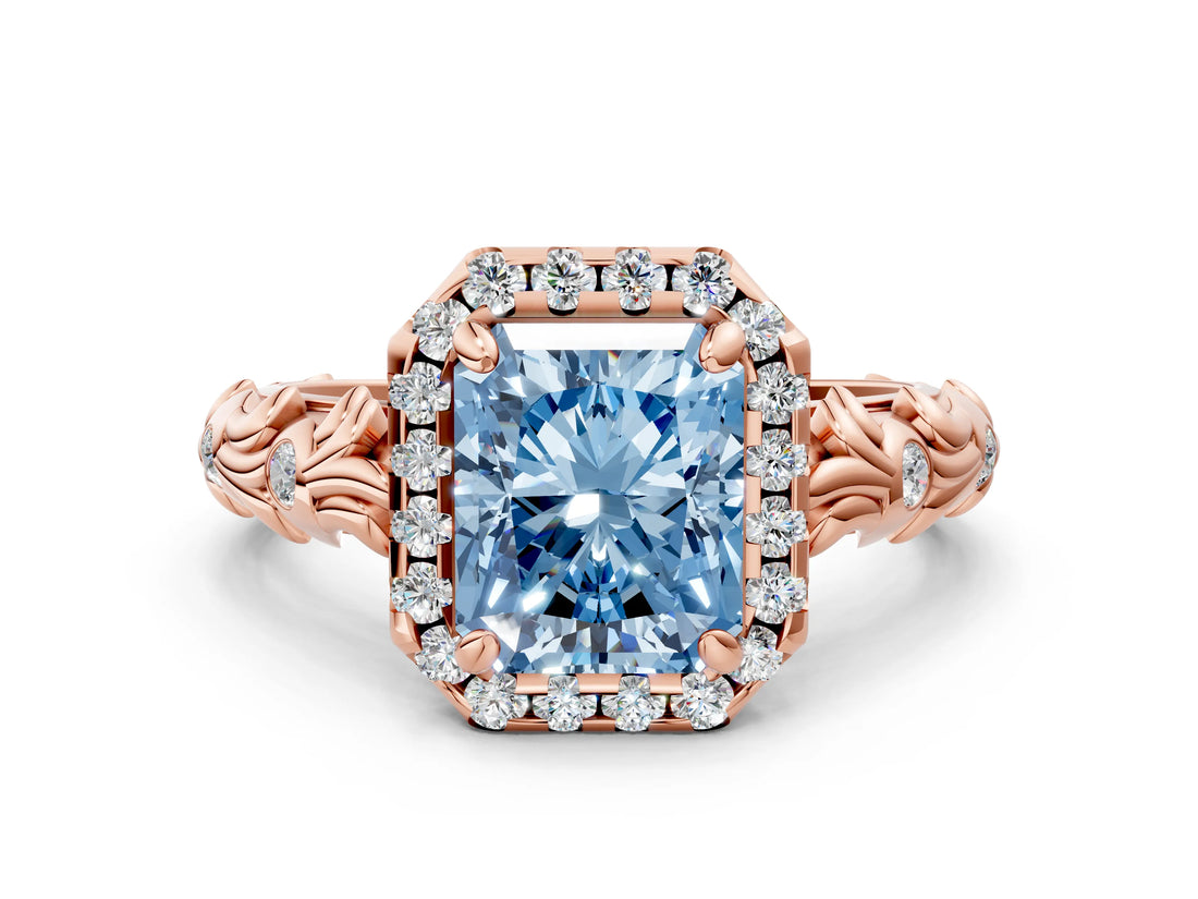 Rose gold Fancy Blue Radiant Cut Halo Diamond Solitaire with Filigree Band and Four-Prong Setting
