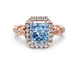 Rose gold Fancy Blue Radiant Cut Halo Diamond Solitaire with Filigree Band and Four-Prong Setting