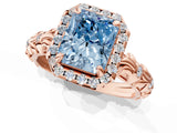 Rose gold Fancy Blue Radiant Cut Halo Diamond Solitaire with Filigree Band and Four-Prong Setting_1