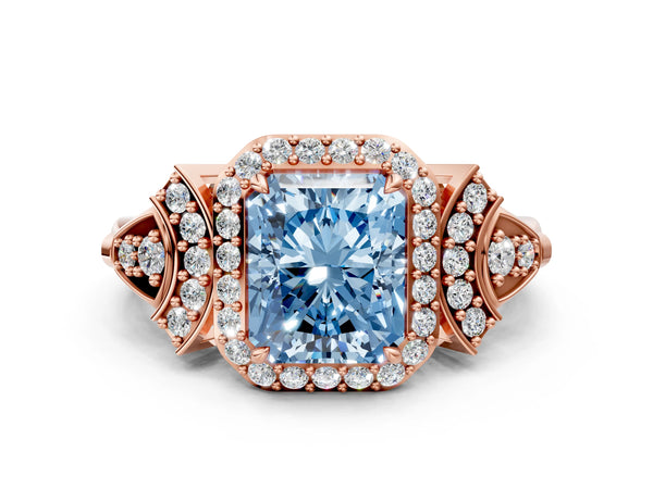 Rose gold Fancy Blue Radiant Cut Halo Diamond Split Shank Engagement Ring with Four-Prong Setting