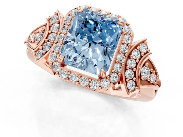 Rose gold Fancy Blue Radiant Cut Halo Diamond Split Shank Engagement Ring with Four-Prong Setting