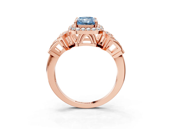 Rose gold Fancy Blue Radiant Cut Halo Diamond Split Shank Engagement Ring with Four-Prong Setting