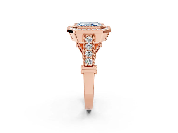 Rose Gold Radiant Cut Vintage Bezel Halo Engagement Ring Setting for Fancy Blue Center