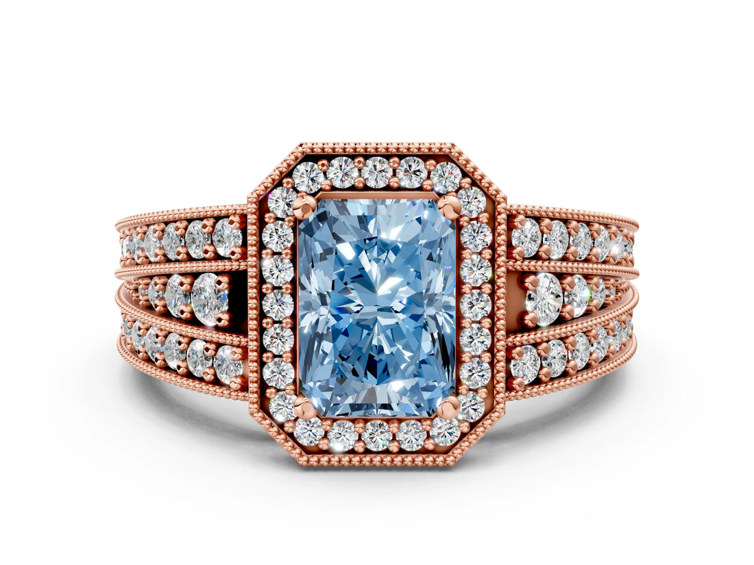 Rose gold Fancy Blue Radiant Cut Halo Diamond Split Shank Ring with Prong Setting_12
