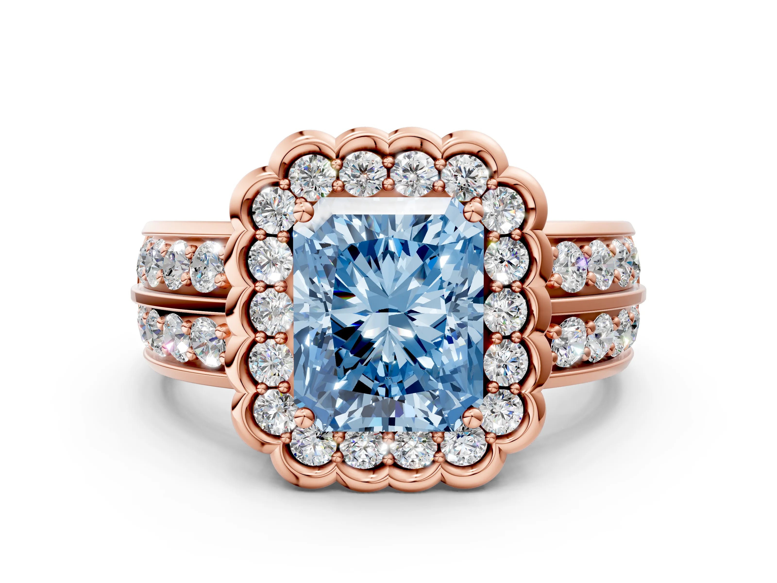 Rose gold Fancy Blue Radiant Cut Halo Diamond Split Shank Ring with Scalloped Prong Setting