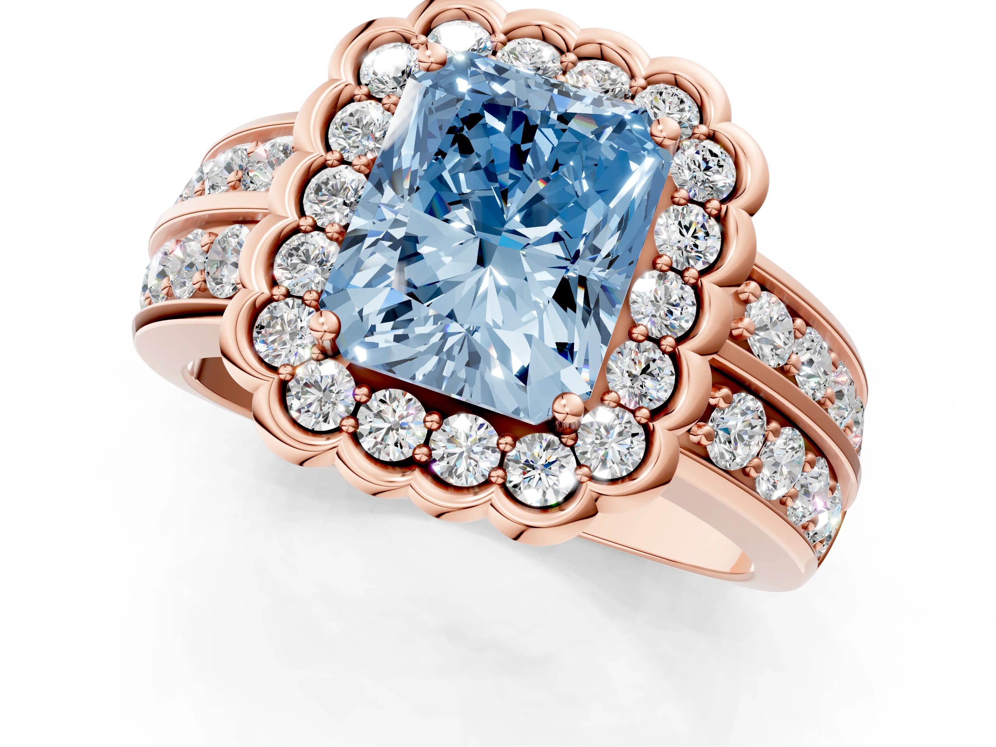 Rose gold Fancy Blue Radiant Cut Halo Diamond Split Shank Ring with Scalloped Prong Setting_1