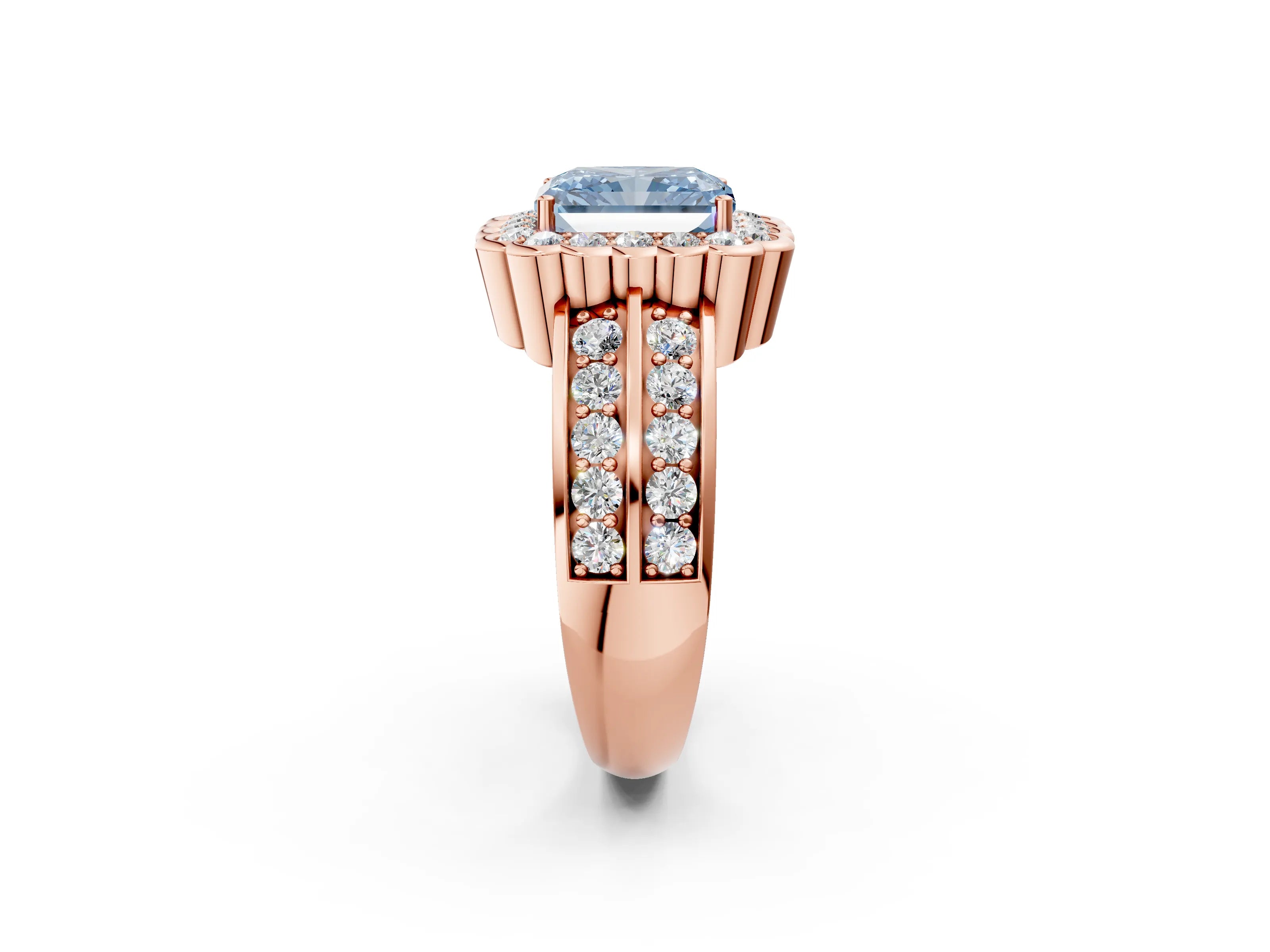 Rose gold Fancy Blue Radiant Cut Halo Diamond Split Shank Ring with Scalloped Prong Setting_2
