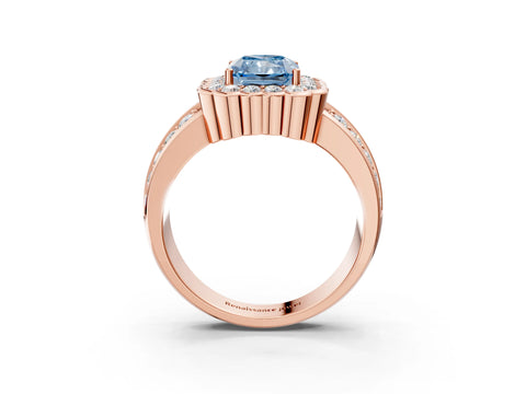 Rose gold Fancy Blue Radiant Cut Halo Diamond Split Shank Ring with Scalloped Prong Setting_3