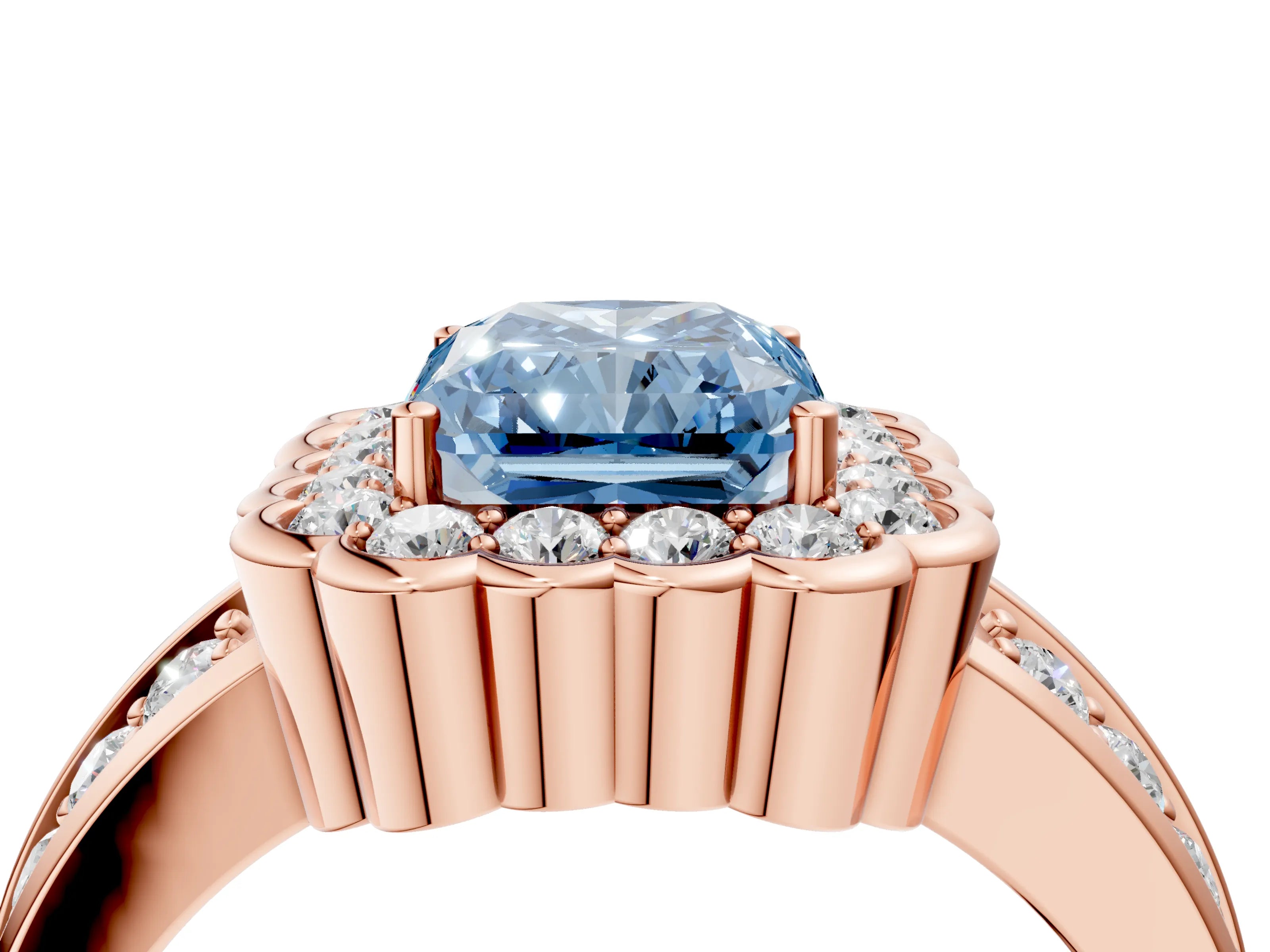 Rose gold Fancy Blue Radiant Cut Halo Diamond Split Shank Ring with Scalloped Prong Setting_4