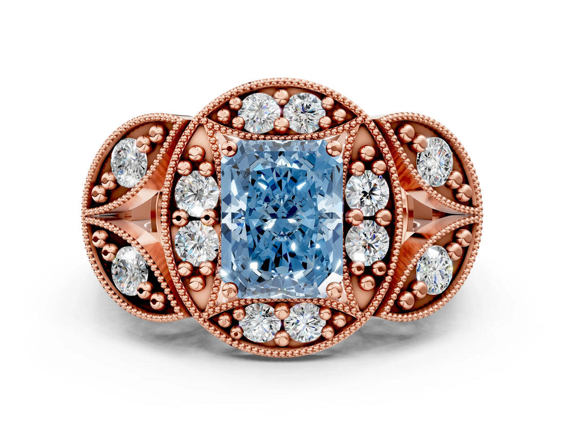 Rose gold Fancy Blue Radiant Cut Halo Milgrain Diamond Engagement Ring with Leaf Band and Four-Prong Setting