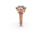 Rose gold Fancy Blue Radiant Cut Halo Milgrain Diamond Engagement Ring with Leaf Band and Four-Prong Setting_2