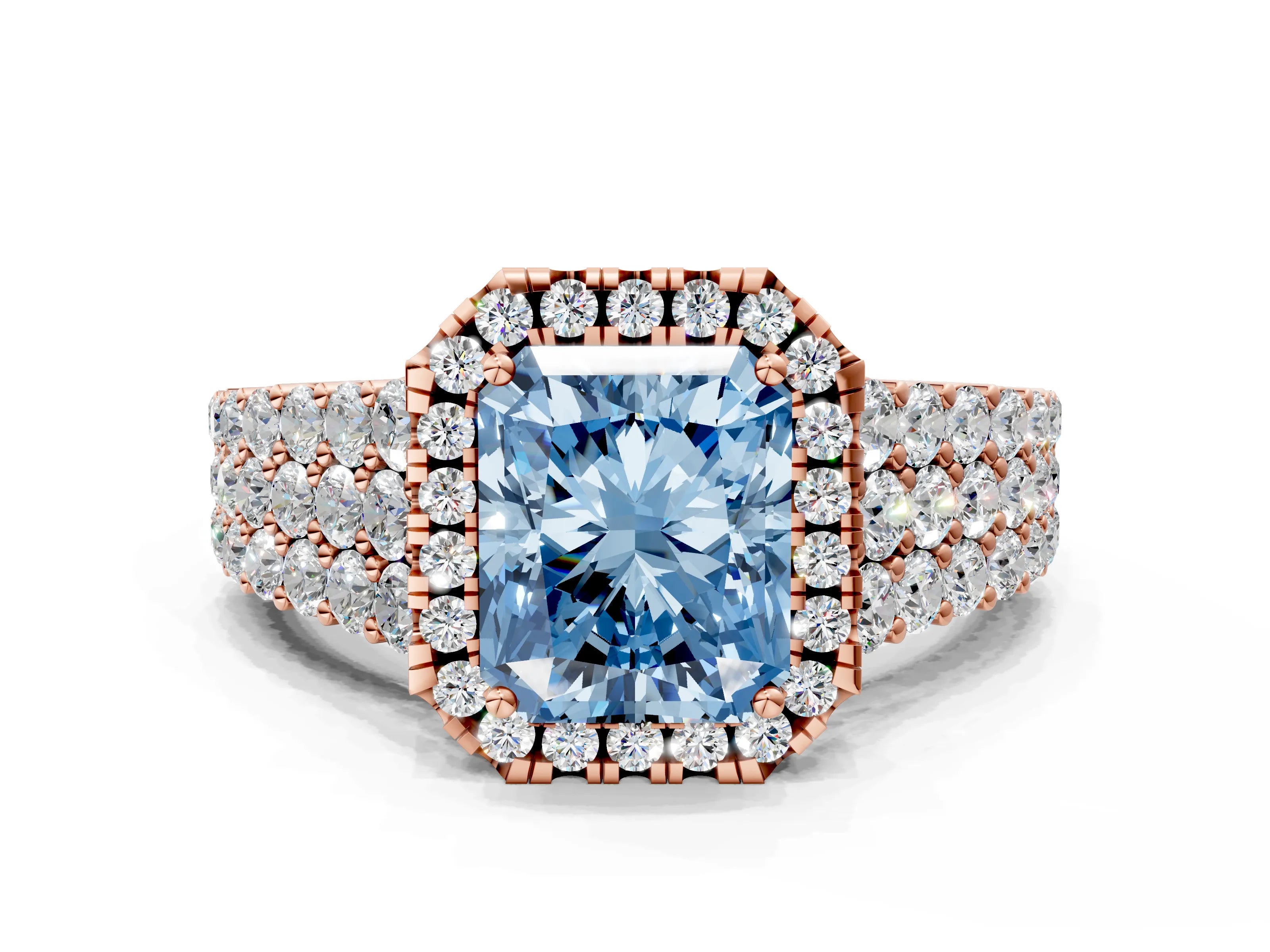 Rose gold Fancy Blue Radiant Cut Halo Pavé Diamond Engagement Ring with Split Shank and Four-Prong Setting_3