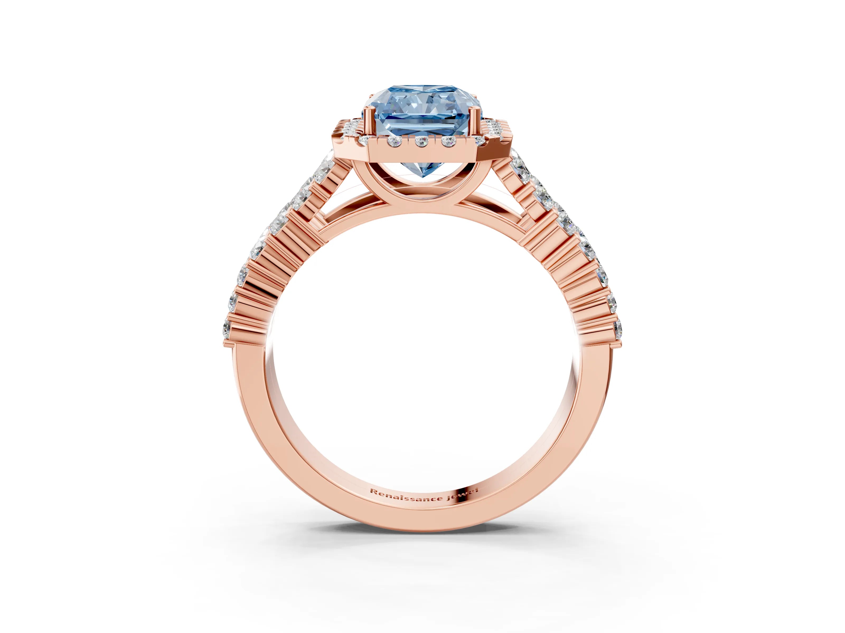 Rose gold Fancy Blue Radiant Cut Halo Pavé Diamond Engagement Ring with Split Shank and Four-Prong Setting_6