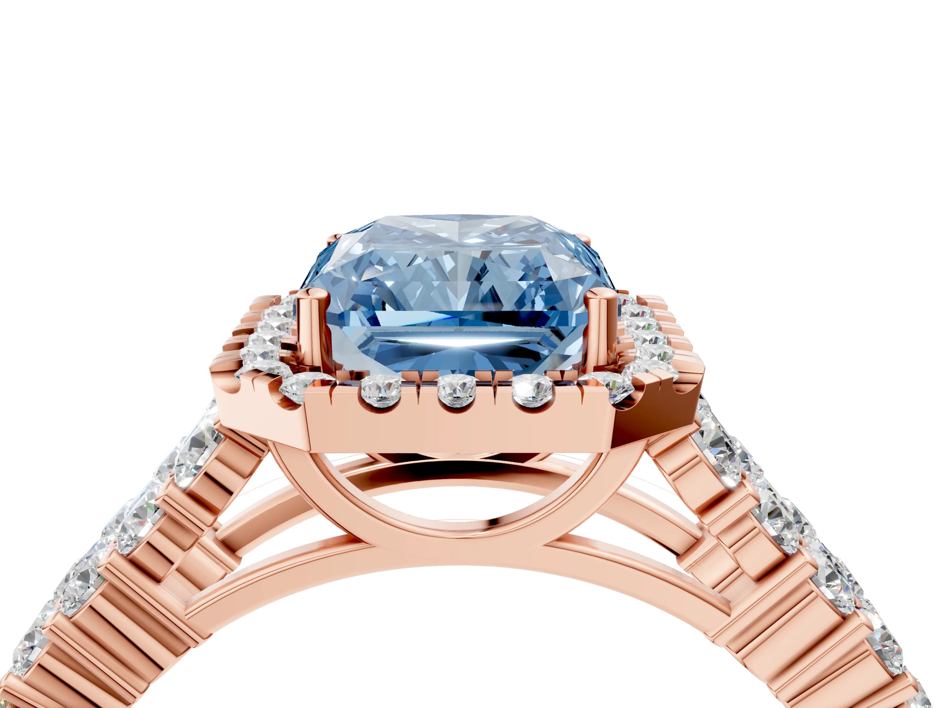 Rose gold Fancy Blue Radiant Cut Halo Pavé Diamond Engagement Ring with Split Shank and Four-Prong Setting_7