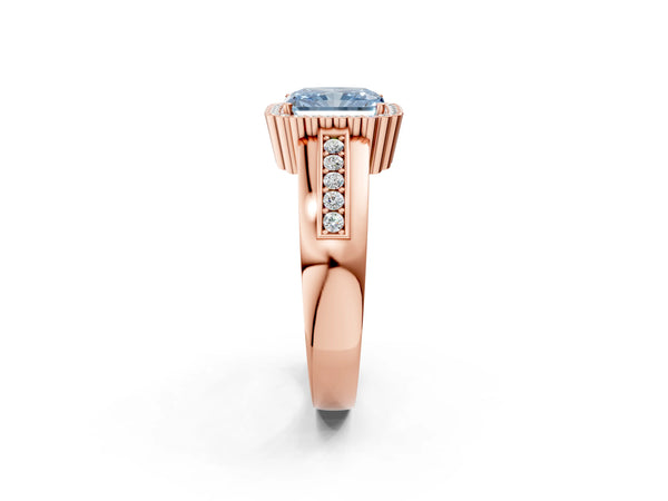 Rose gold Fancy Blue Radiant  Cut Halo Pave Band Four-Prong Ring