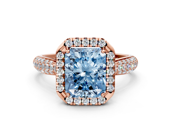 Rose gold Fancy Blue Radiant  Cut Halo Pave Band Four-Prong Setting Ring