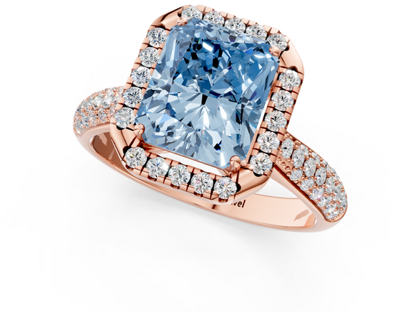 Rose gold Fancy Blue Radiant  Cut Halo Pave Band Four-Prong Setting Ring