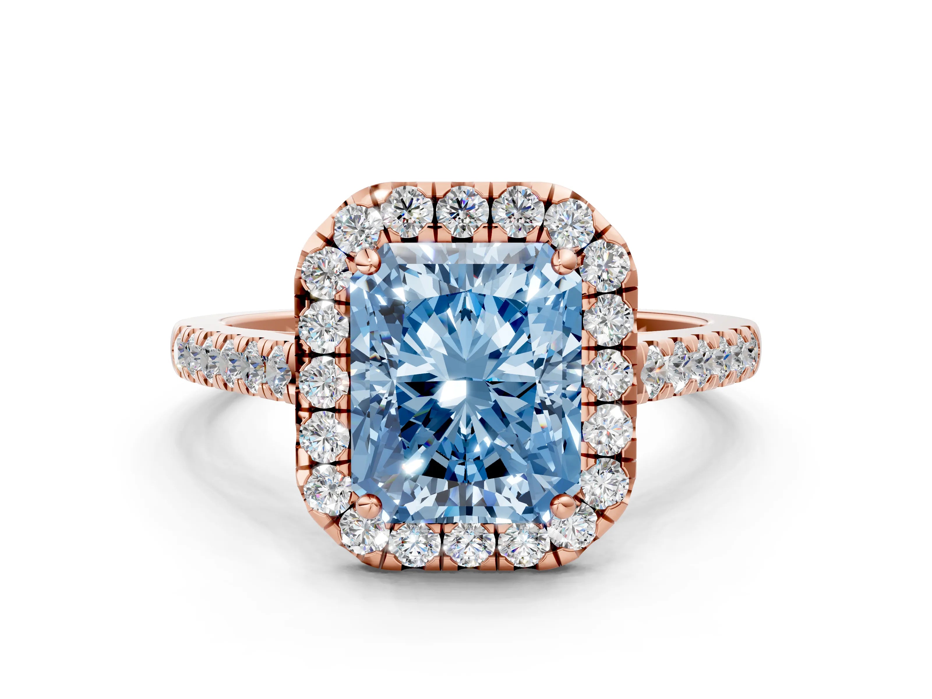 Rose gold Fancy Blue Radiant Cut Halo Pave Diamond Engagement Ring with Four-Prong Setting