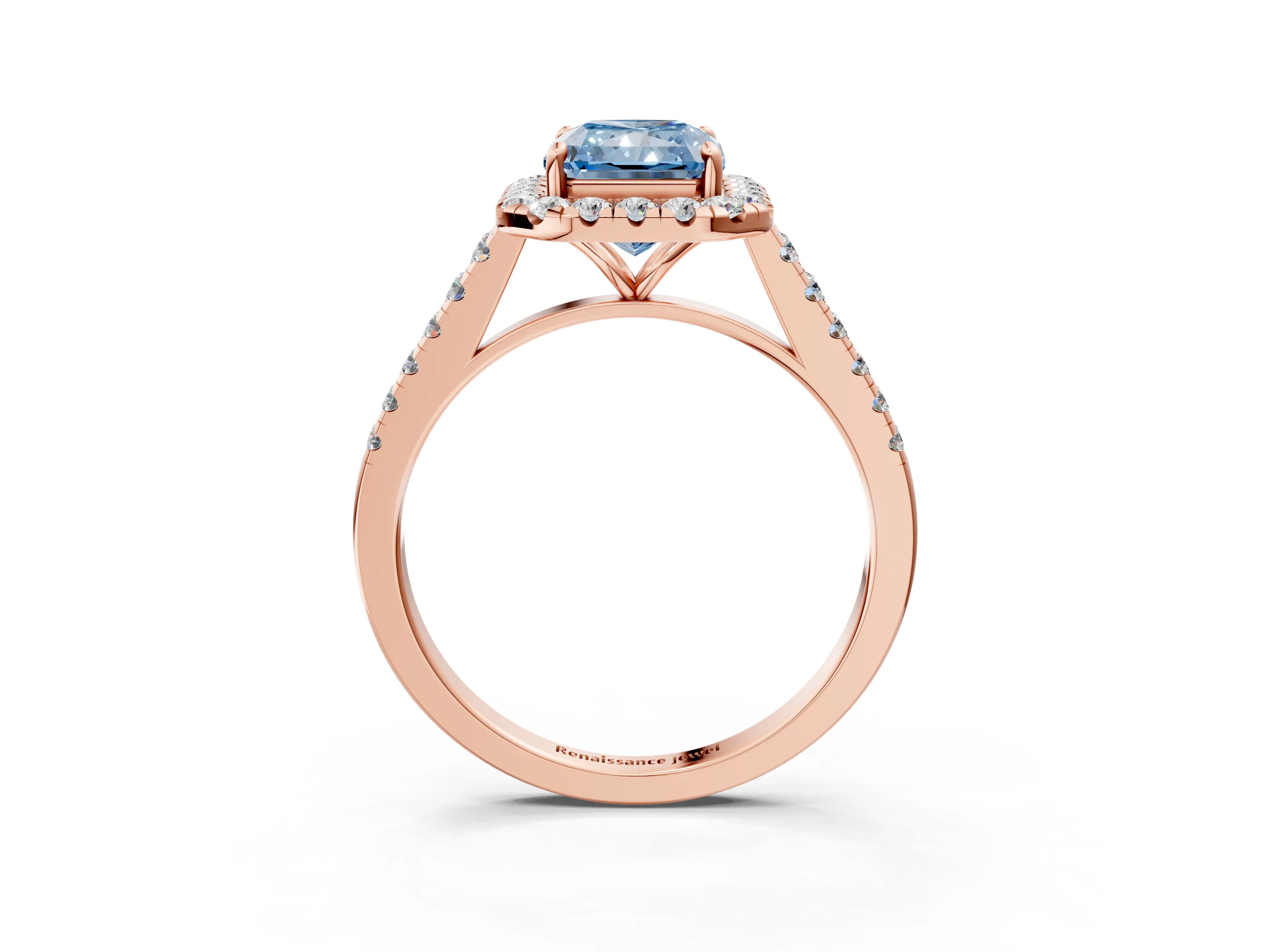 Rose gold Fancy Blue Radiant Cut Halo Pave Diamond Engagement Ring with Four-Prong Setting_3