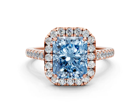 Rose gold Fancy Blue Radiant Cut Halo Pave Diamond Engagement Ring with Four-Prong Setting