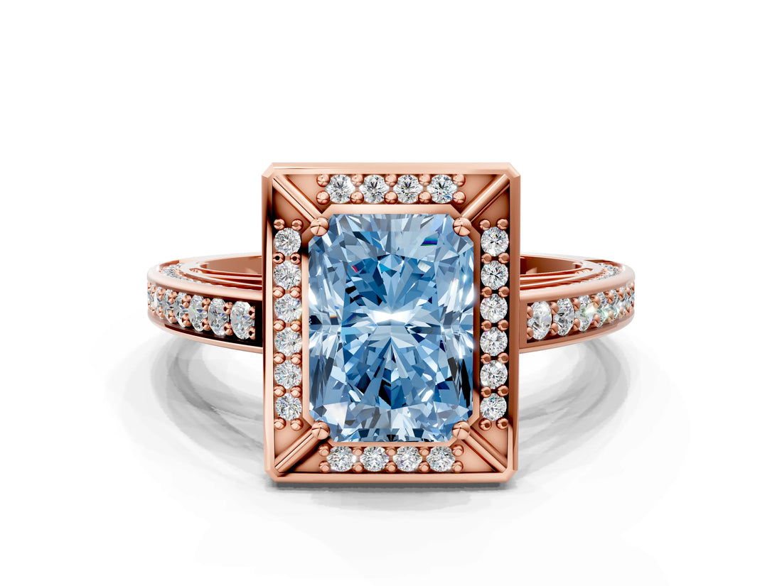 Rose gold Fancy Blue Radiant  Cut Halo Pave Split Shank Prong Setting Ring_32