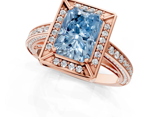 Rose gold Fancy Blue Radiant  Cut Halo Pave Split Shank Prong Setting Ring