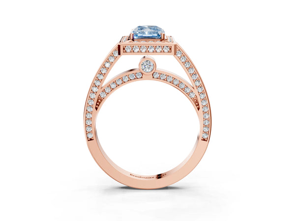 Rose gold Fancy Blue Radiant  Cut Halo Pave Split Shank Prong Setting Ring