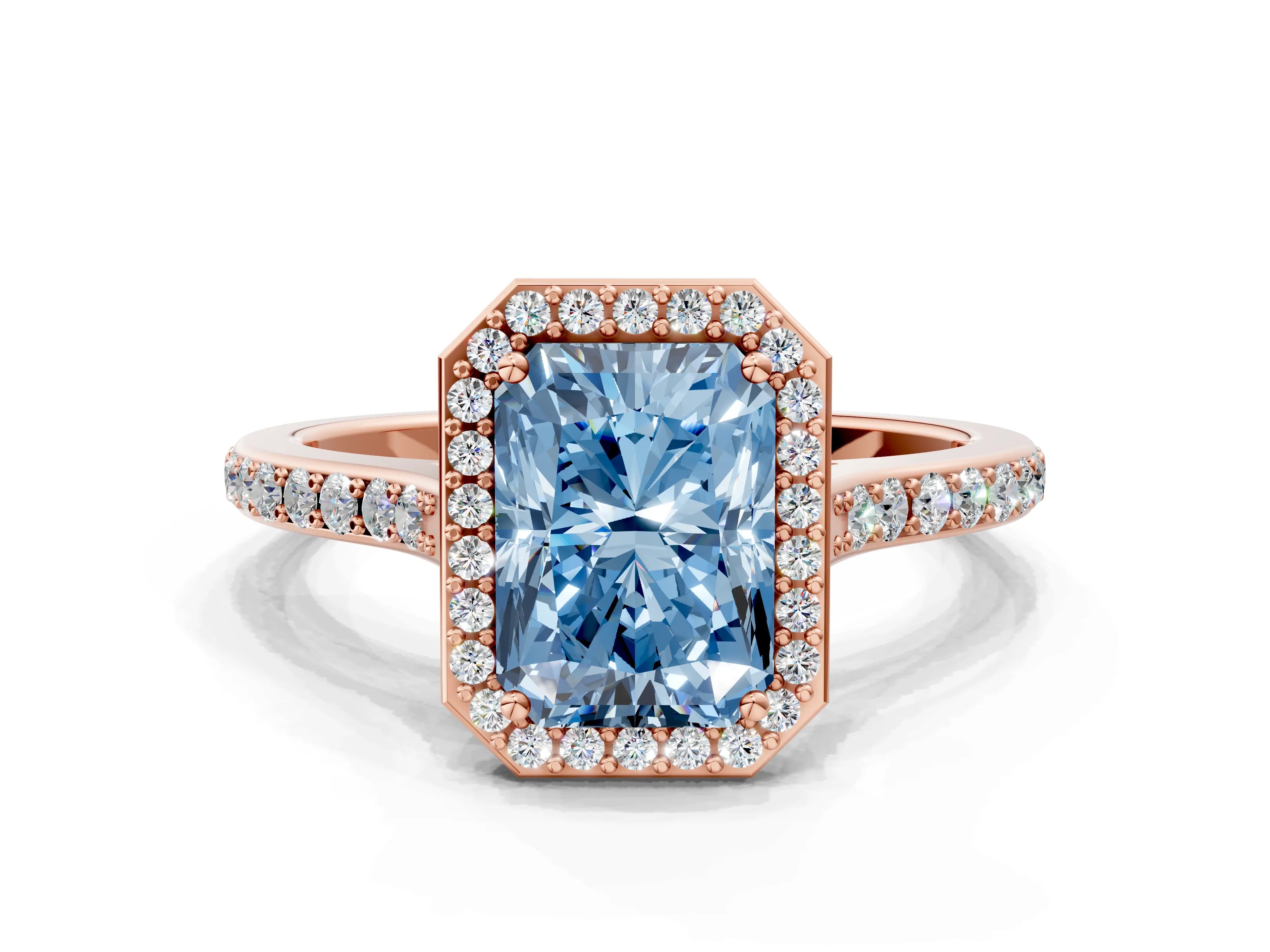Rose gold Fancy Blue Radiant Cut Halo Round Diamond Pavé Band with Four-Prong Setting_3