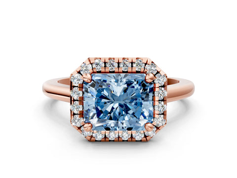 Rose gold Fancy Blue Radiant Cut Halo Round Diamond Solitaire Engagement Ring with Pave Band and Four-Prong Setting_12