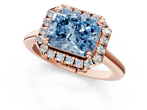 Rose gold Fancy Blue Radiant Cut Halo Round Diamond Solitaire Engagement Ring with Pave Band and Four-Prong Setting_13