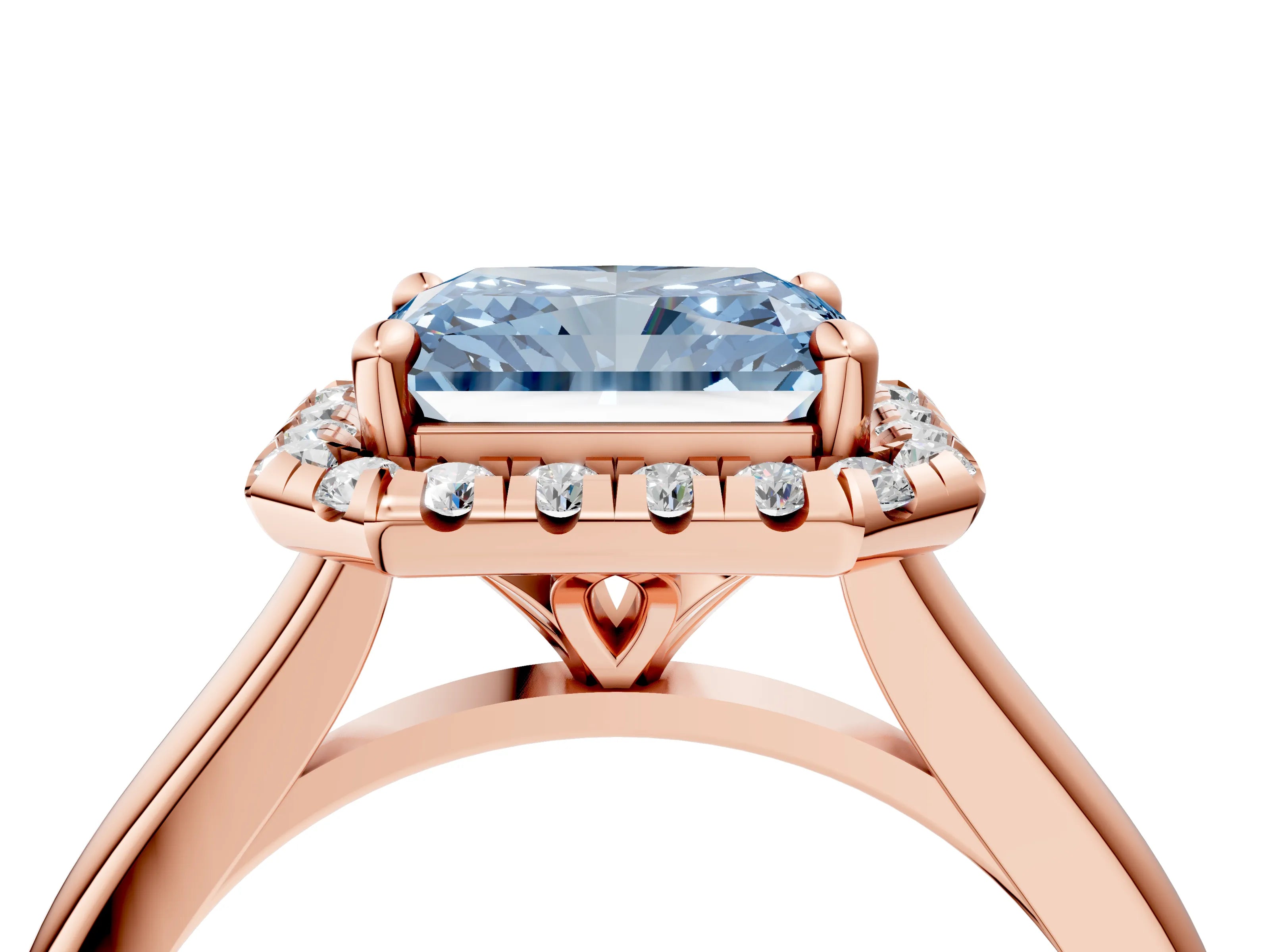 Rose gold Fancy Blue Radiant Cut Halo Round Diamond Solitaire Engagement Ring with Pave Band and Four-Prong Setting_16