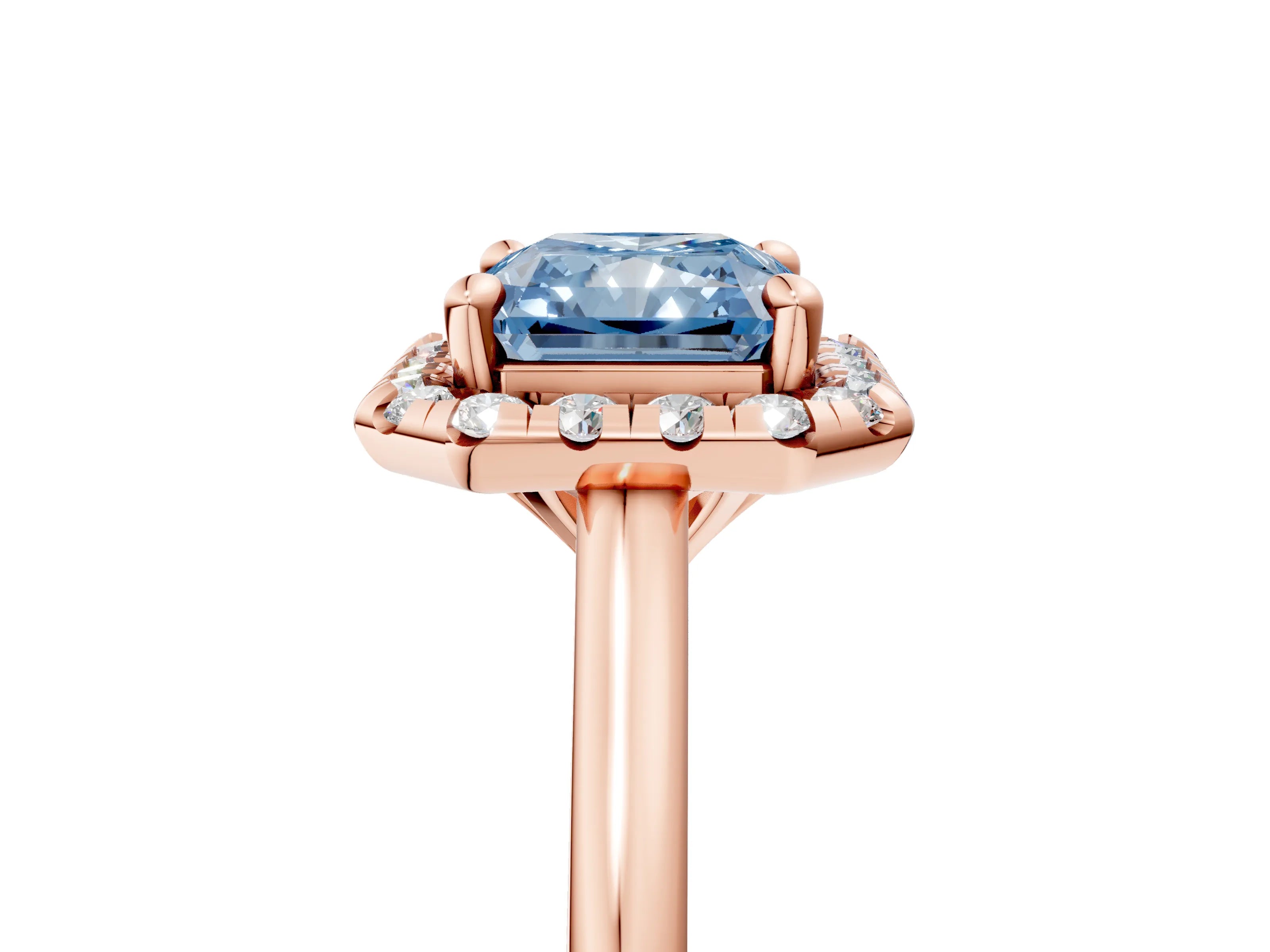 Rose gold Fancy Blue Radiant Cut Halo Round Diamond Solitaire Engagement Ring with Pave Band and Four-Prong Setting_17