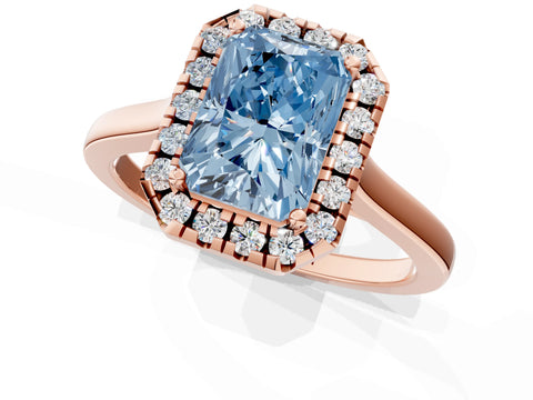 Rose gold Fancy Blue Radiant Cut Halo Round Diamond Solitaire Ring with Pavé Band and Four-Prong Setting_1