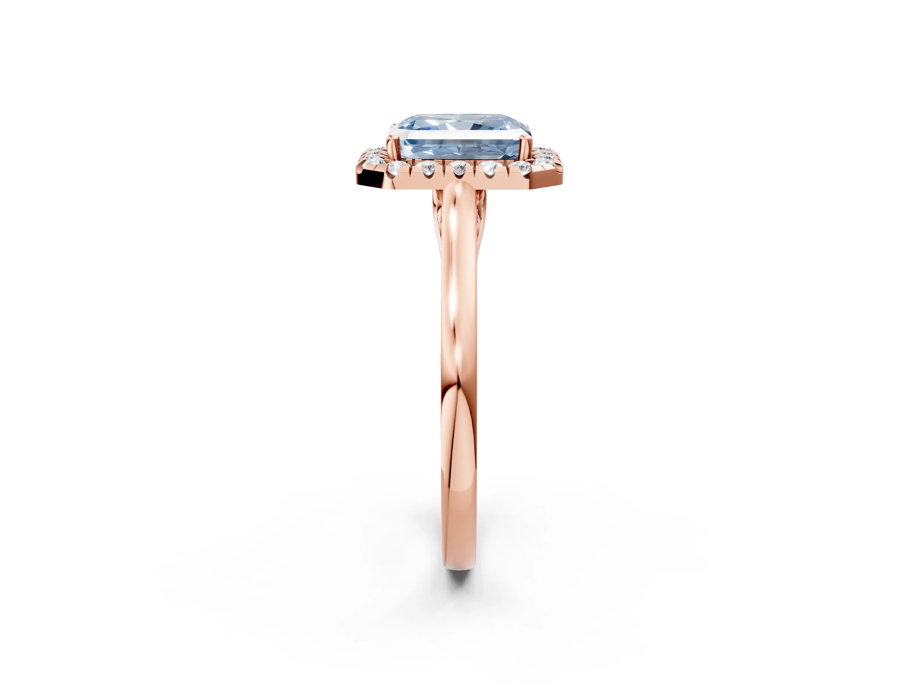 Rose gold Fancy Blue Radiant Cut Halo Round Diamond Solitaire Ring with Pavé Band and Four-Prong Setting_2