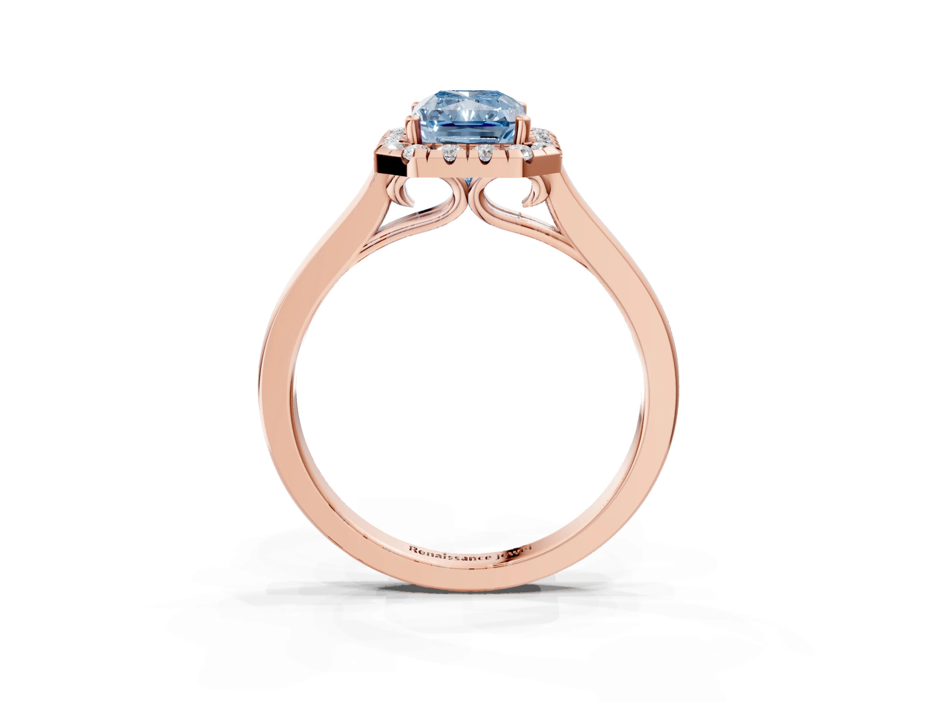 Rose gold Fancy Blue Radiant Cut Halo Round Diamond Solitaire Ring with Pavé Band and Four-Prong Setting_3