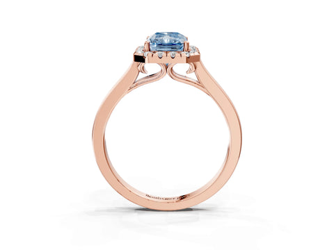 Rose gold Fancy Blue Radiant Cut Halo Round Diamond Solitaire Ring with Pavé Band and Four-Prong Setting_3