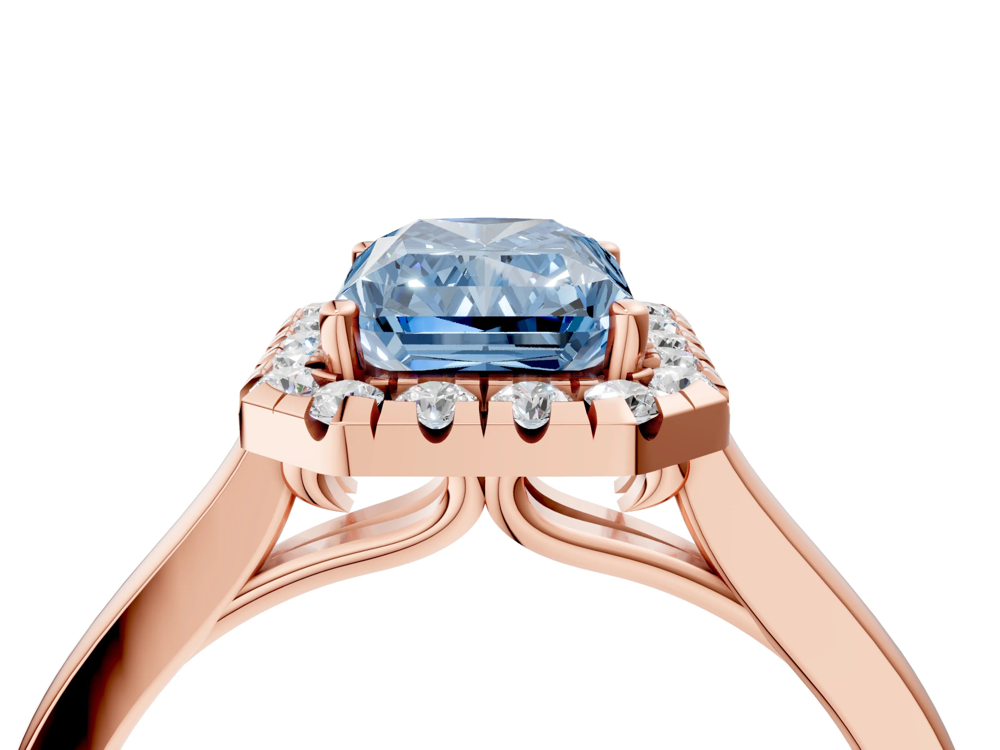 Rose gold Fancy Blue Radiant Cut Halo Round Diamond Solitaire Ring with Pavé Band and Four-Prong Setting_4